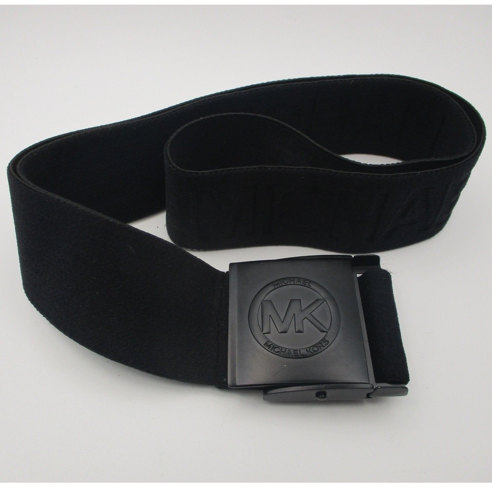 Michael Kors Womens Black Webbed Logo Belt Matte Black MK Slider Buckle 42 Inch